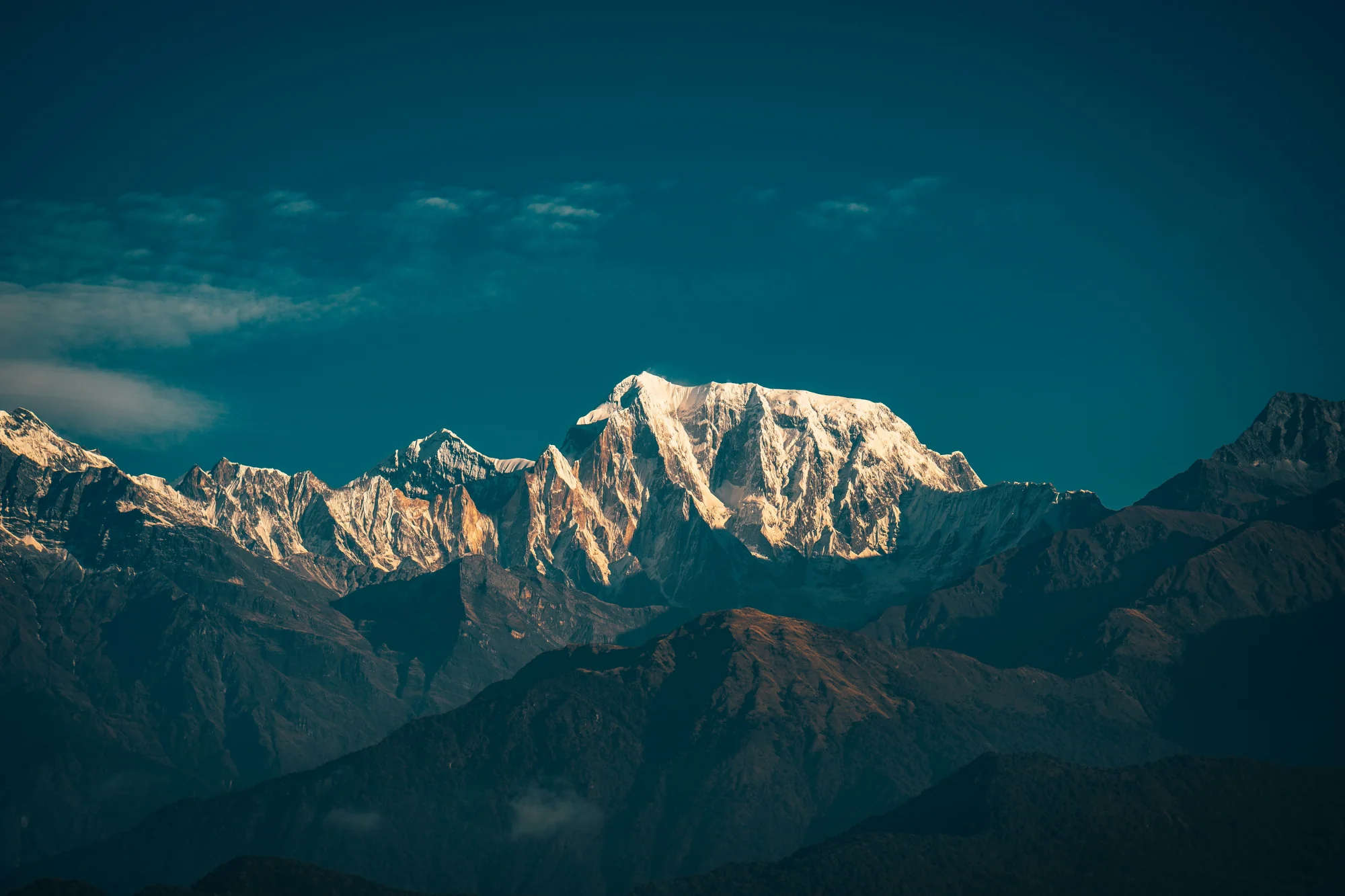 Sunset above Annapurna Valley, Himalayan mountains near Machapuchare on the Mardi Himal track
